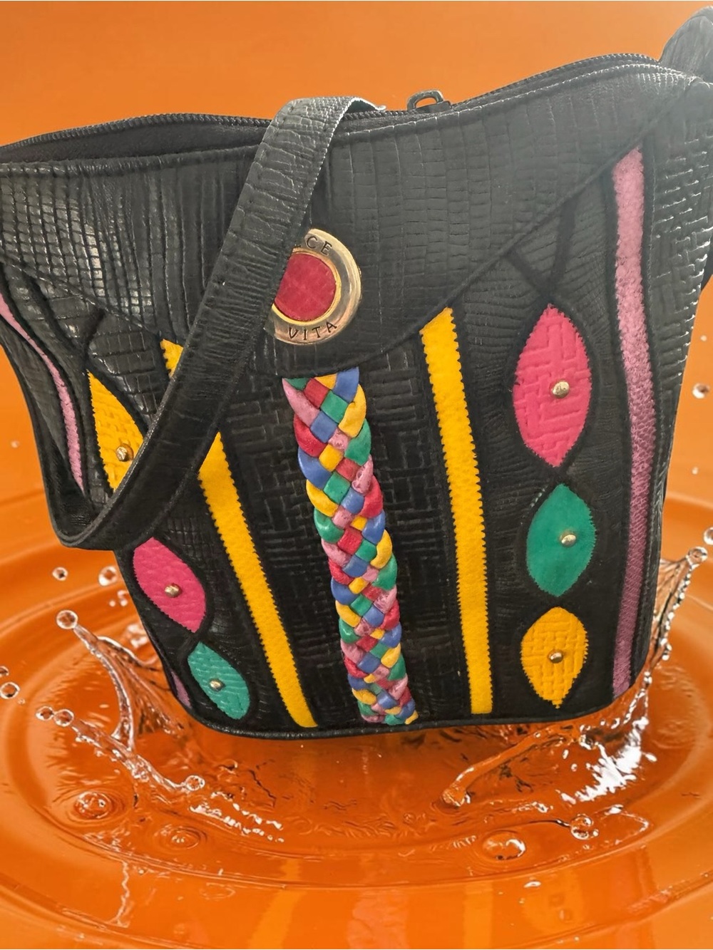 JACKSON Black Textured Dolce Vita Leather Bag with Multicolor Braided Accent